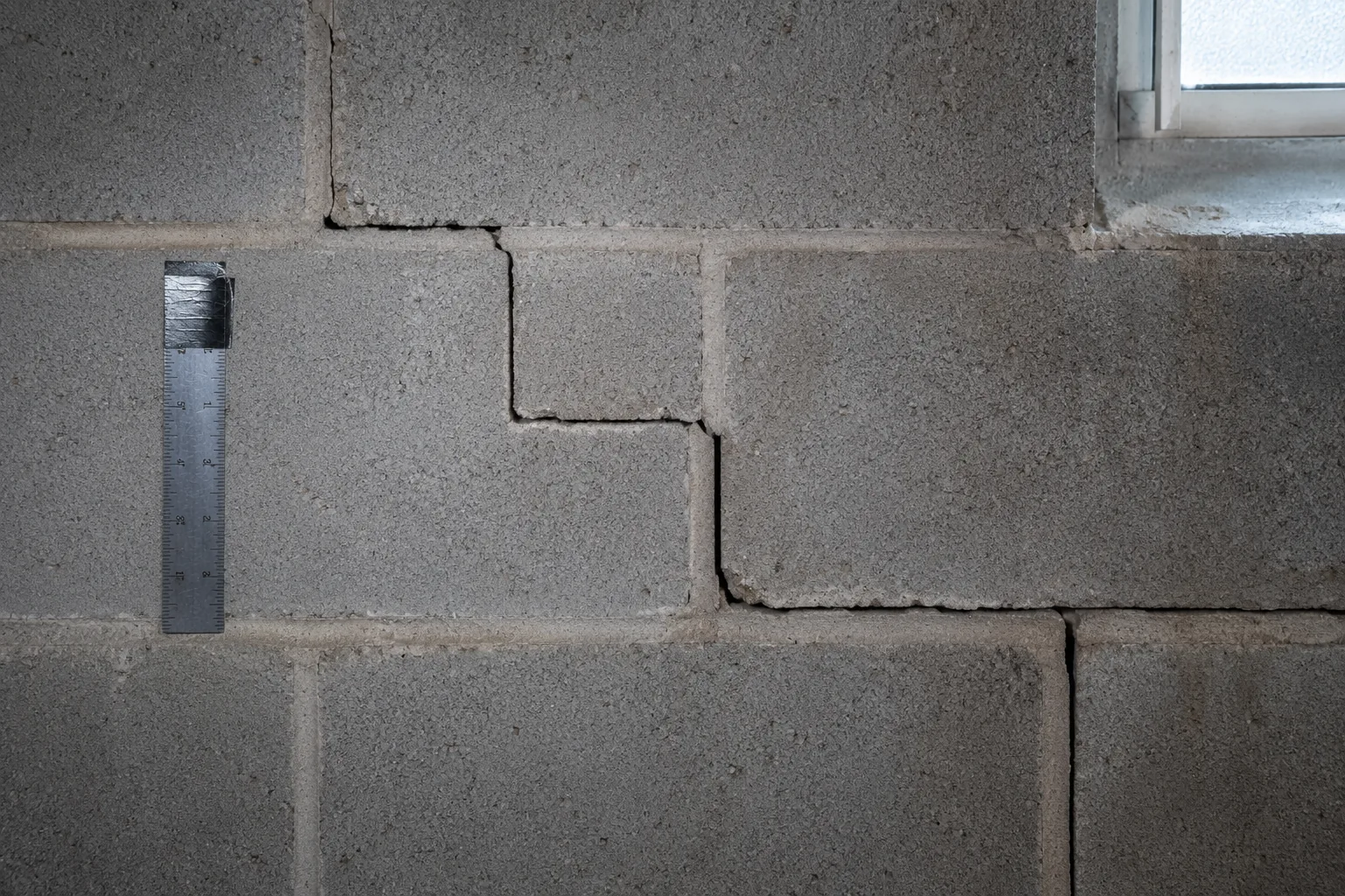 Stair-step crack pattern through mortar joints of a concrete block foundation wall