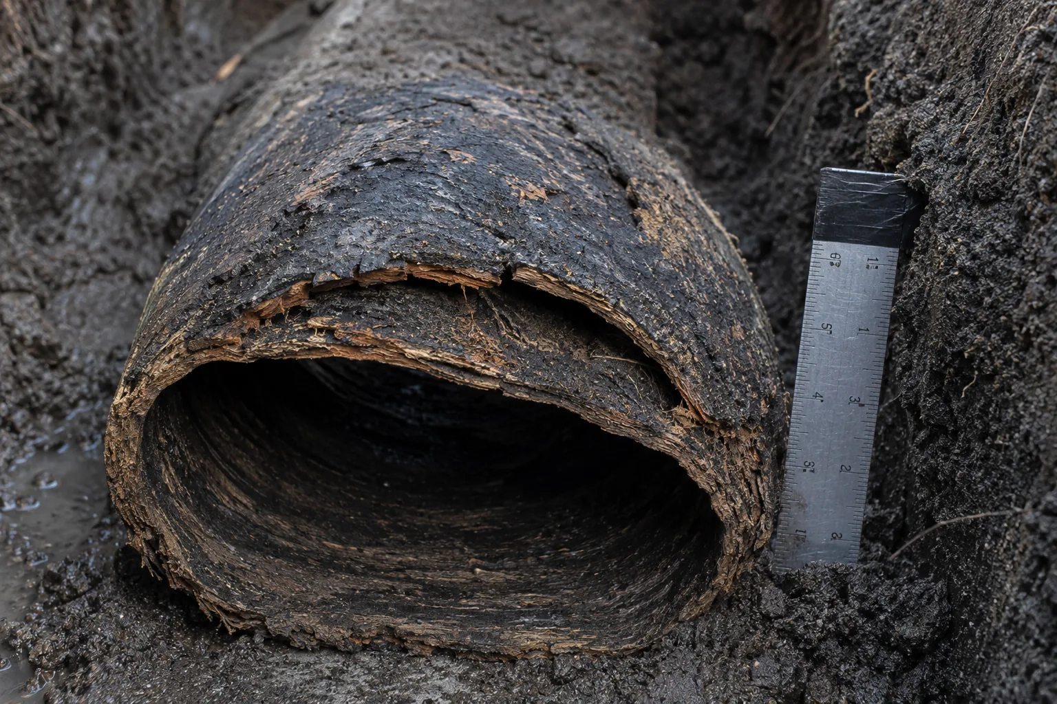 Exhumed Orangeburg sewer pipe section showing oval deformation and bituminized fiber delamination