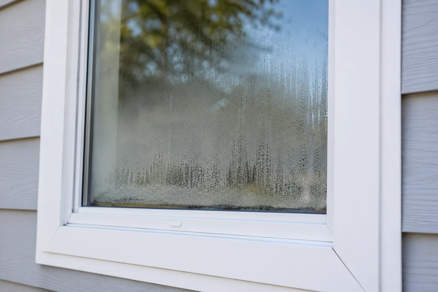 Window with failed seal showing condensation between panes