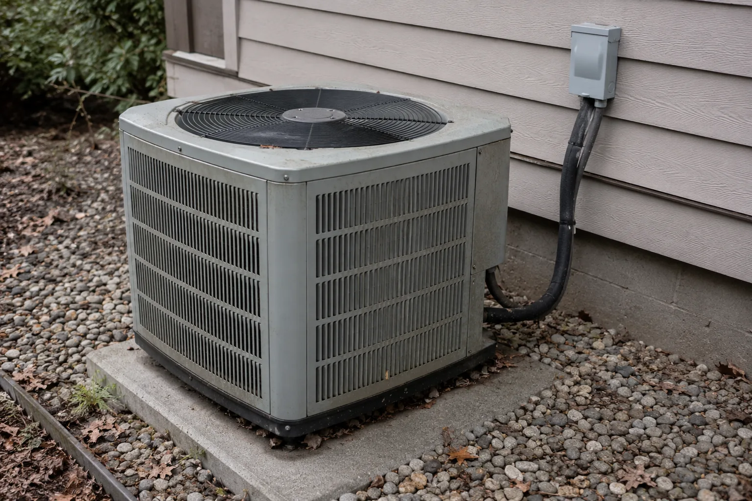 Residential air conditioner condenser unit beside a home