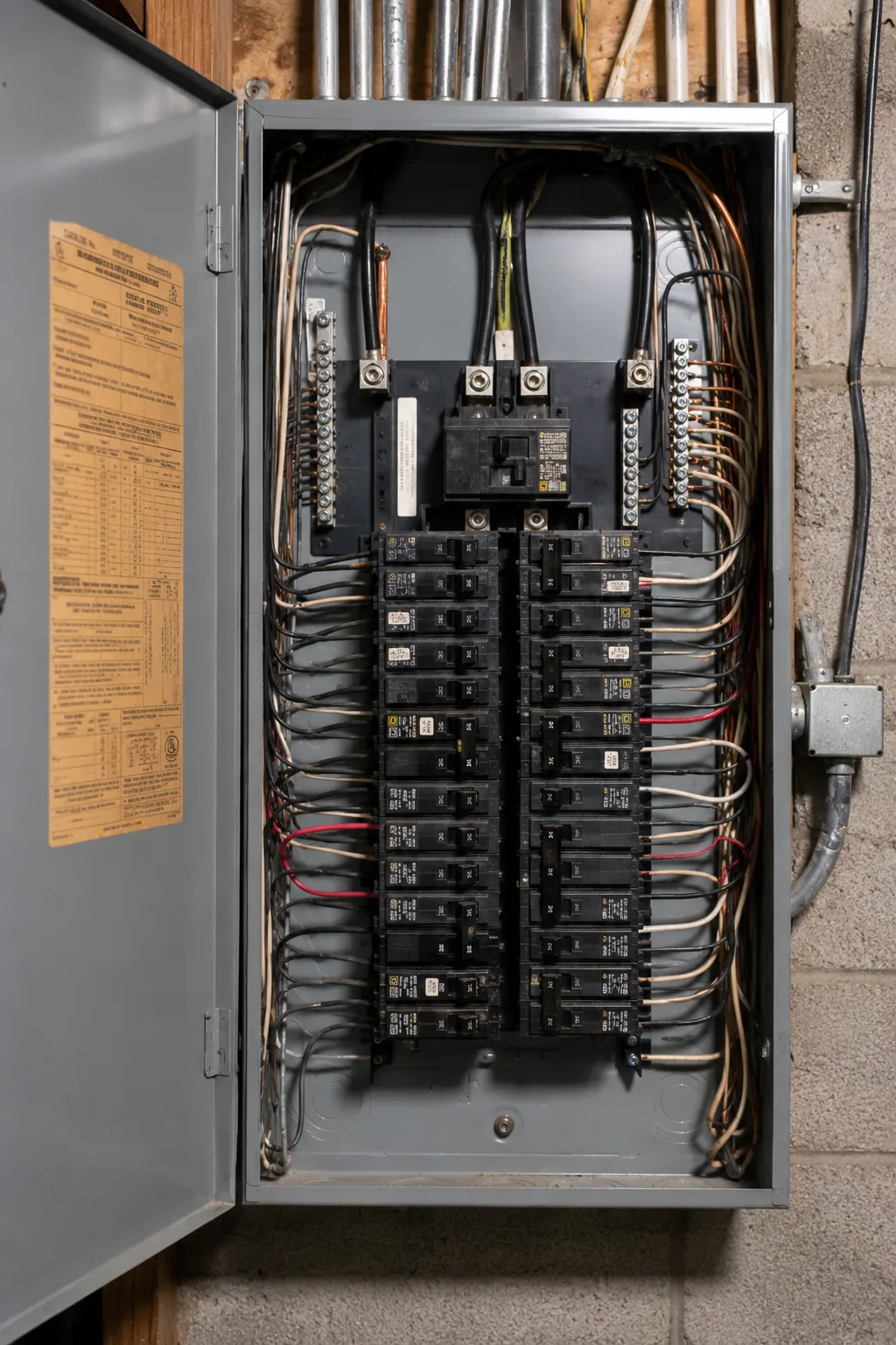 Open residential electrical breaker panel