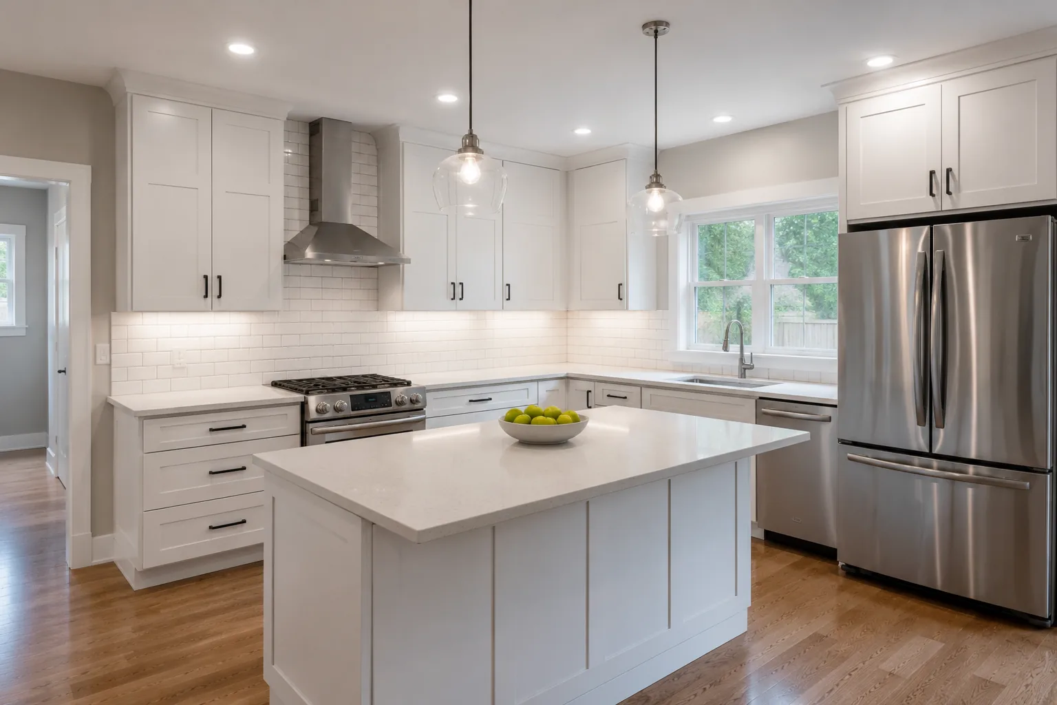 Modern condo kitchen interior with white shaker cabinets