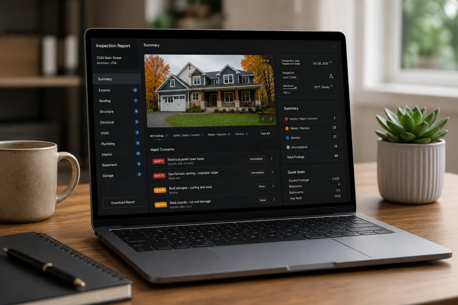 Modern inspection report dashboard displayed on a laptop — dark mode interface with severity-tagged findings and a house exterior photo