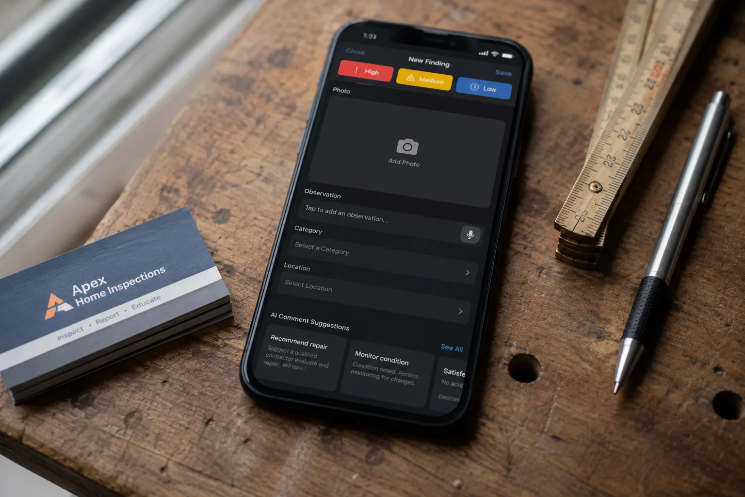 Smartphone showing an inspection app with severity-tagged comment suggestions
