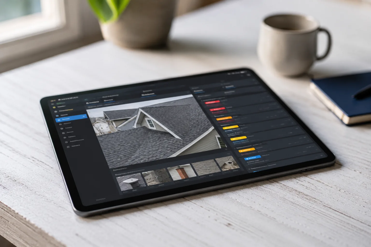 Tablet displaying an inspection report dashboard with state-form sections in dark mode