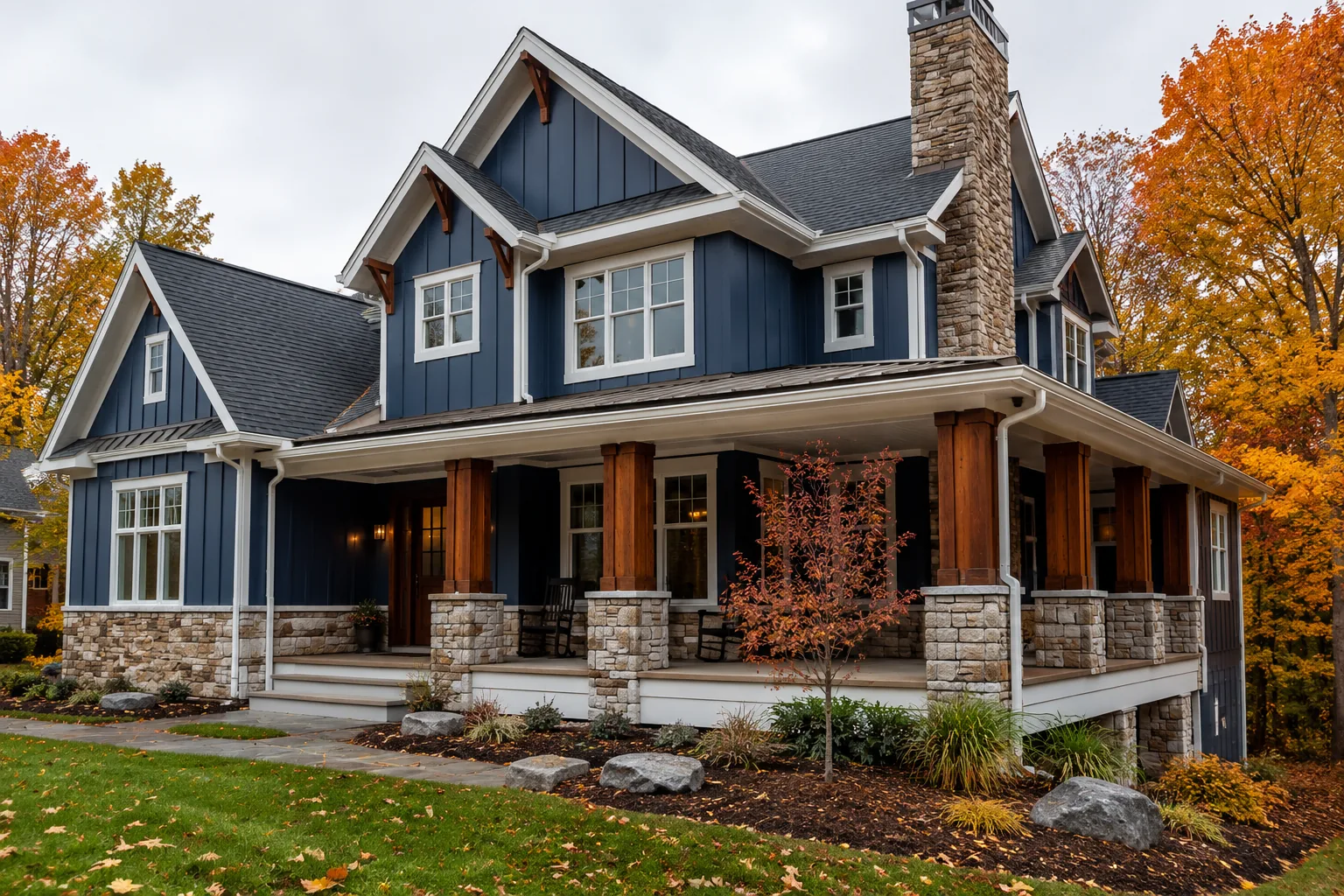 Craftsman home in autumn with warm fall foliage